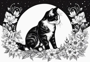2 cats in laid crescent moon with flowers and paw prints tattoo idea
