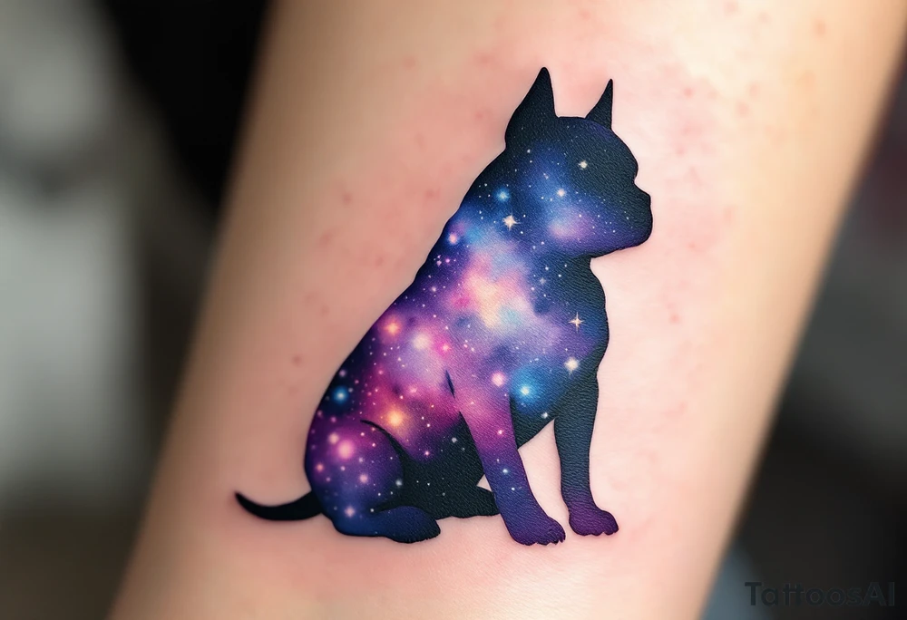 Galaxy Staffbull Silhouette
Silhouette of a sitting Staffbull filled with a galaxy pattern—purple, navy, and starry white dots. Abstract and dreamy. tattoo idea