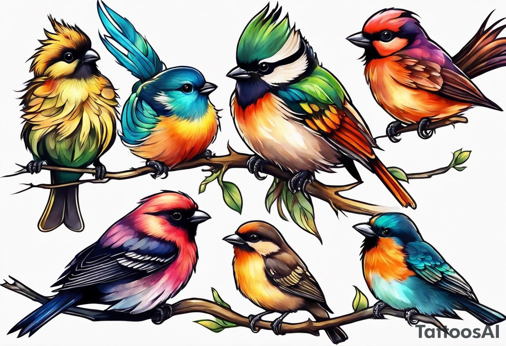 Seven small, colorful birds tattoo idea