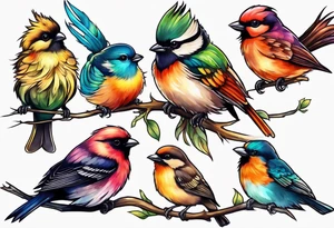 Seven small, colorful birds tattoo idea