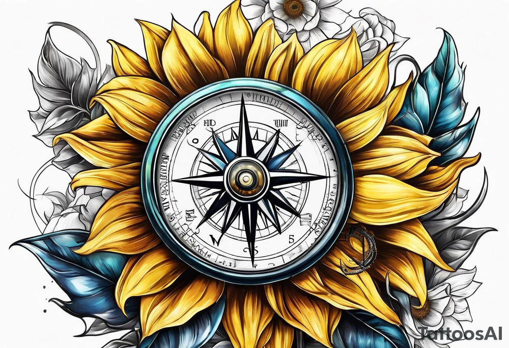 Sunflower next to a compass tattoo idea
