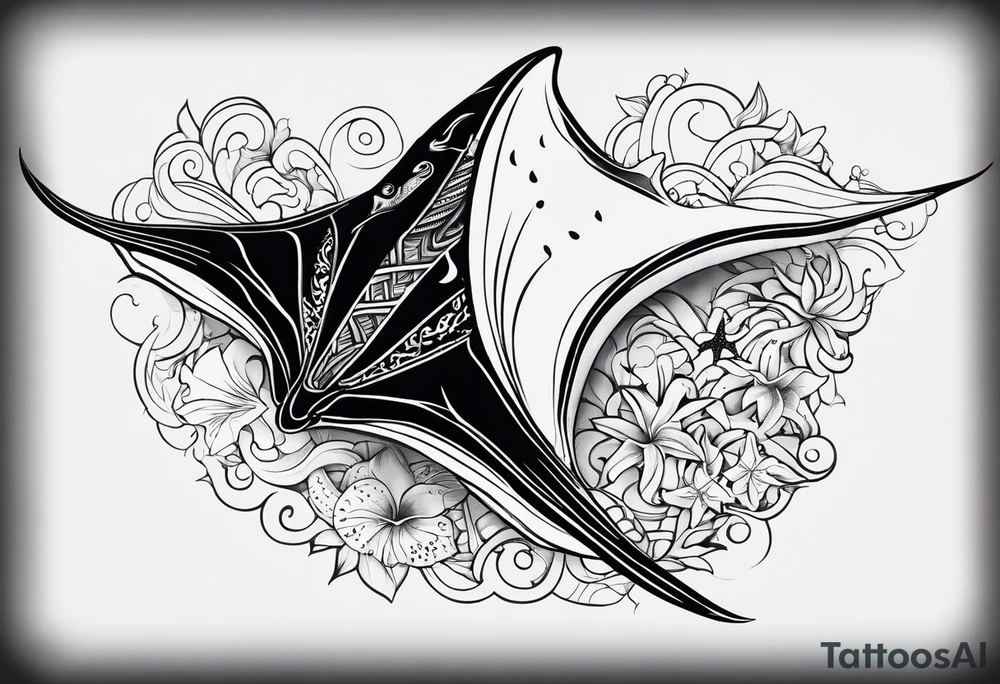 A manta ray with a sea star as a polynesian tattoo. A smaller tattoo for female forearm or wrist tattoo idea
