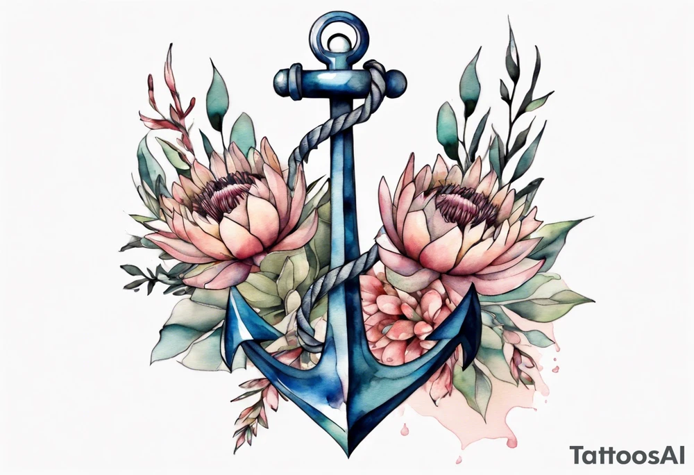 Very feminine tattoo of an anchor with protea flowers tattoo idea