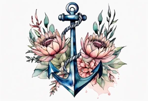 Very feminine tattoo of an anchor with protea flowers tattoo idea