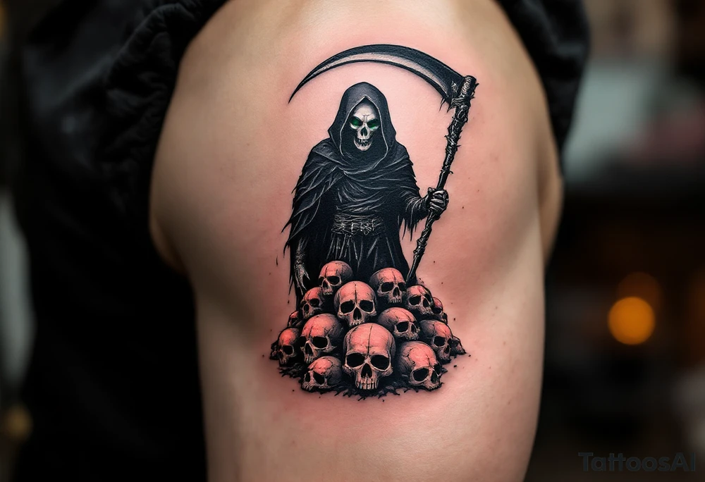 A black-and-gray Reaper with deep green eyes standing atop a pile of glowing red skull tattoo idea