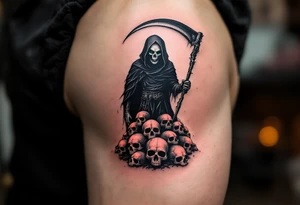 A black-and-gray Reaper with deep green eyes standing atop a pile of glowing red skull tattoo idea