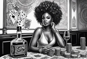 black woman with dice, cards, whiskey. and casino chips tattoo idea