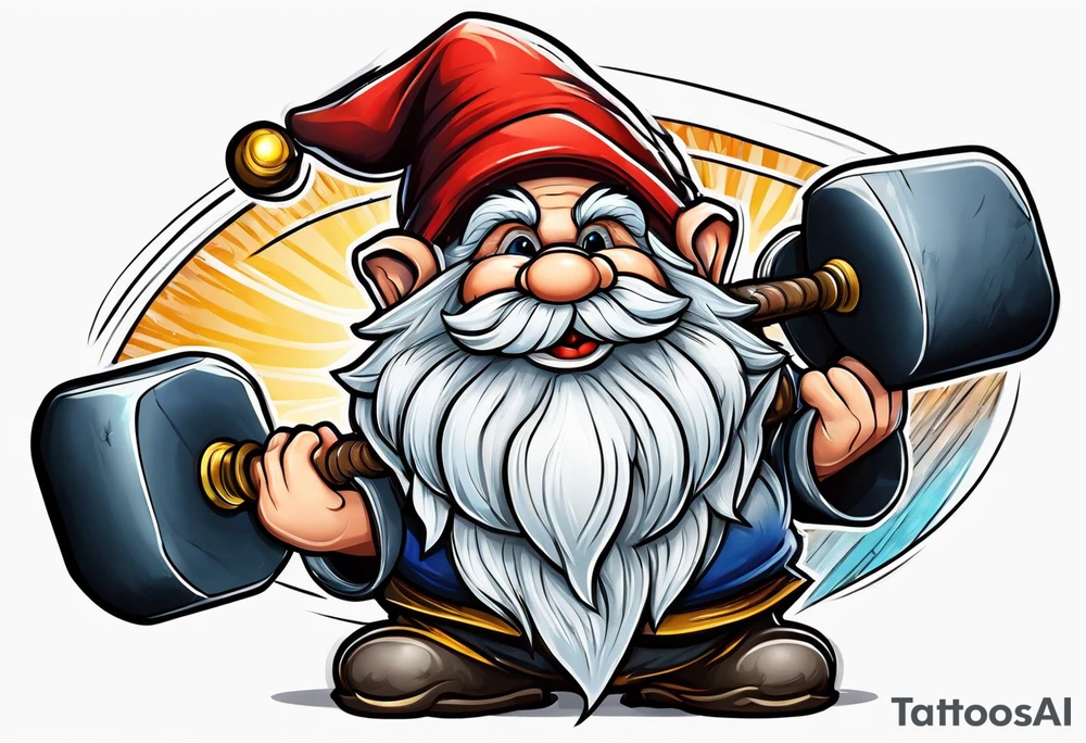 Strong old gnome lifting dumbells tattoo idea