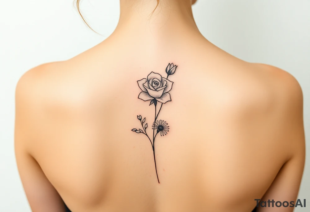 Rose, carnation, lily, aster, larksper tattoo idea