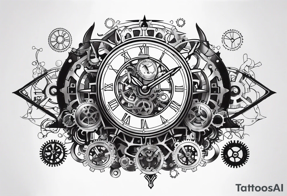 steampunk clock and machine parts tattoo idea