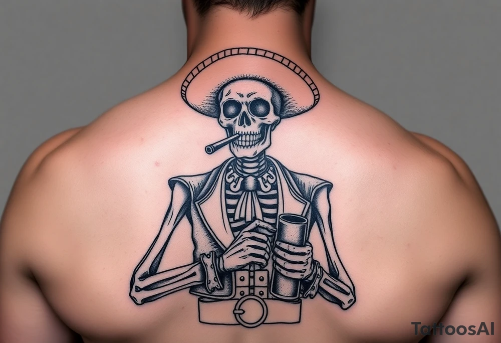 Skeleton with Mexican attire with a colt and beer smoking tattoo idea
