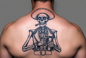Skeleton with Mexican attire with a colt and beer smoking tattoo idea