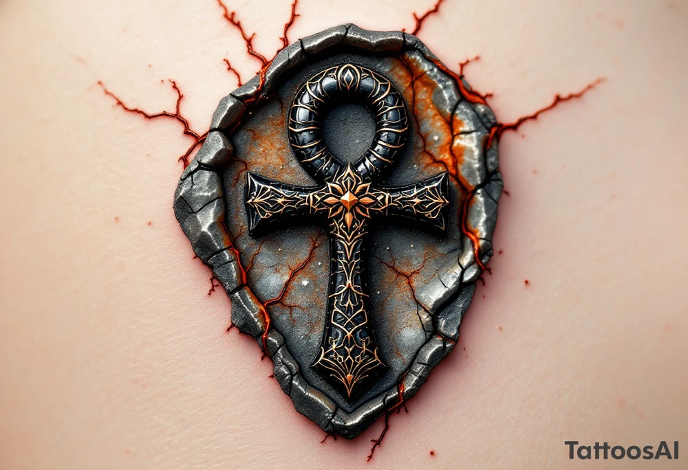A black and copper ankh embedded into cracked stone with red energy veins surrounding it. tattoo idea