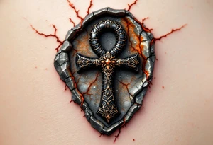 A black and copper ankh embedded into cracked stone with red energy veins surrounding it. tattoo idea