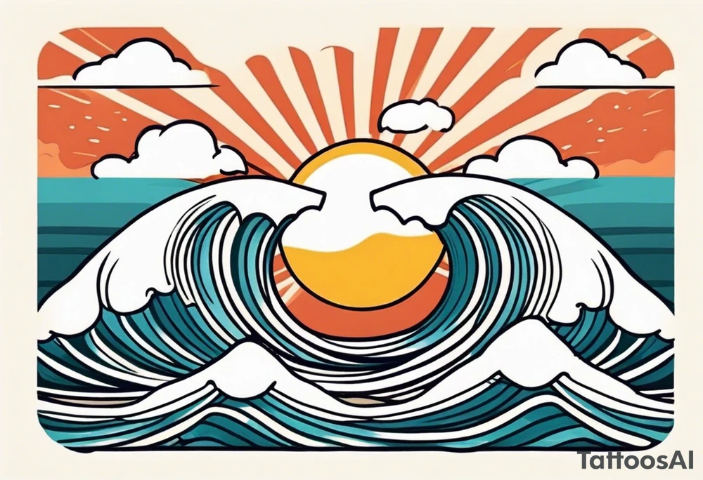ocean waves with sun tattoo vintage traditional simple and bold colors tattoo idea