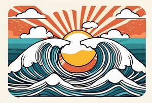 ocean waves with sun tattoo vintage traditional simple and bold colors tattoo idea