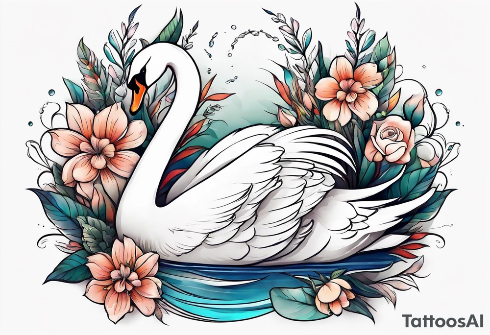 swan tattoo with botanical flowers tattoo idea