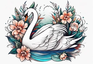 swan tattoo with botanical flowers tattoo idea