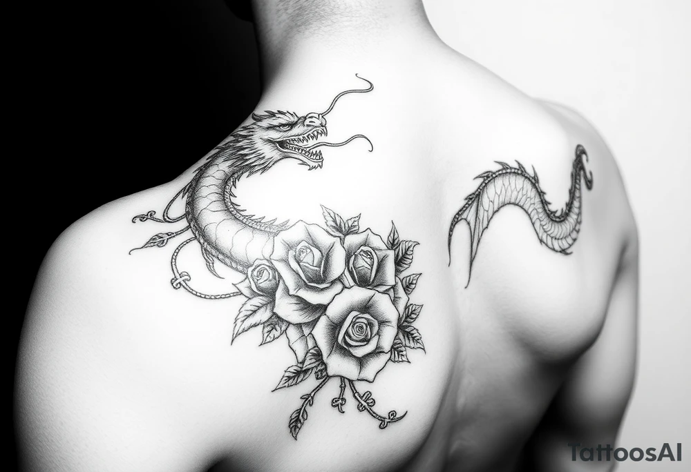 Dragons with roses and vines tattoo idea