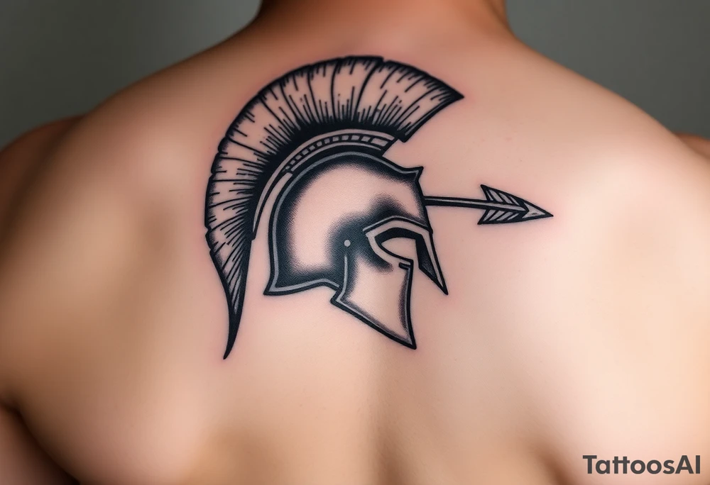 American traditional tattoo of a spartan helmet with an arrow going through it from the top of the helmet tattoo idea