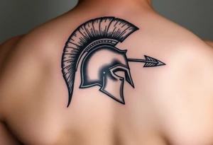 American traditional tattoo of a spartan helmet with an arrow going through it from the top of the helmet tattoo idea