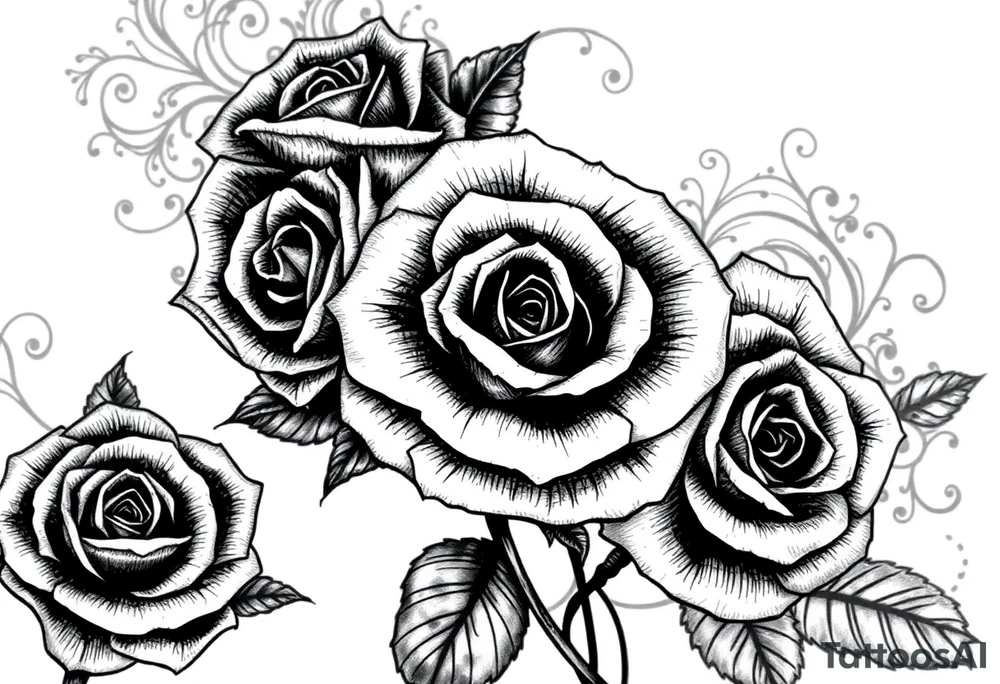 Roses with dark and filigree patterns in background tattoo idea
