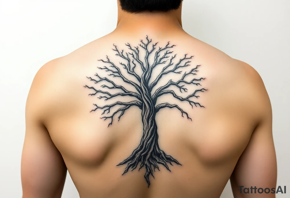 mystical tree of life with cosmic roots and celestial branches tattoo idea