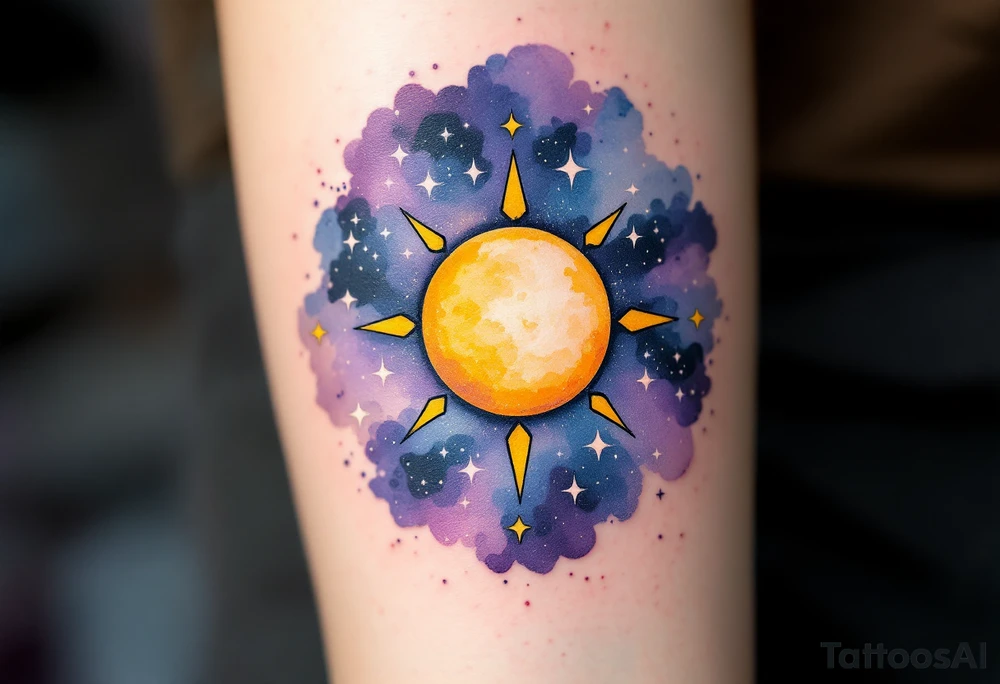 A circular design featuring the Sagittarius zodiac sign in the center, surrounded by a sun in golden yellow and star clusters in soft white. The background has a gradient of purple to dark blue, symbolizing Sagittarius' connection to both the sun and stars, representing enlightenment and wisdom. tattoo idea