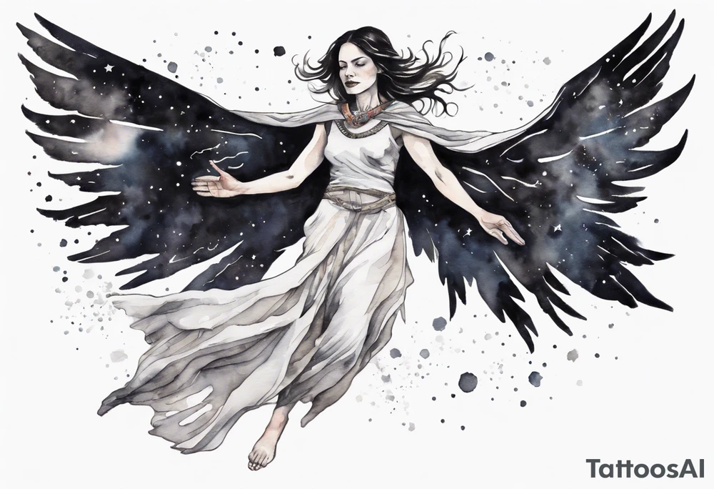 a beautiful 45 year old woman flying in the night sky with black wings, wearing a black and white cloak, bare feet tattoo idea