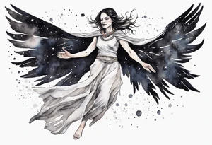 a beautiful 45 year old woman flying in the night sky with black wings, wearing a black and white cloak, bare feet tattoo idea