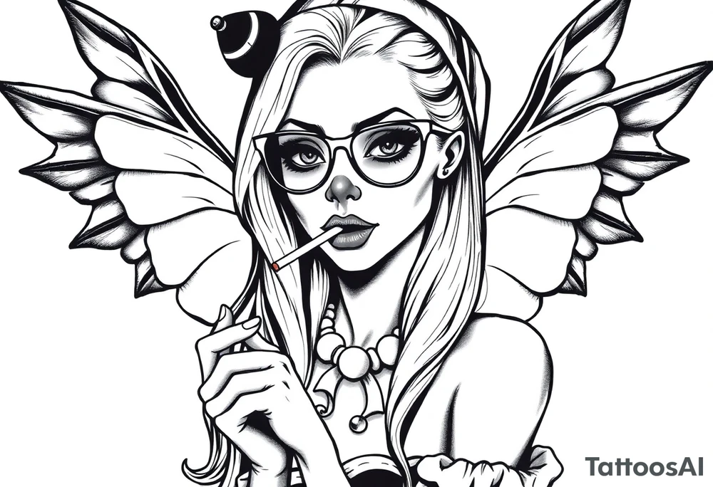 beautiful long hair pin up Clown Girl thug eyeglasses fairy wings smoking a cigarette tattoo idea