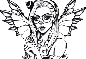 beautiful long hair pin up Clown Girl thug eyeglasses  fairy wings smoking a cigarette tattoo idea