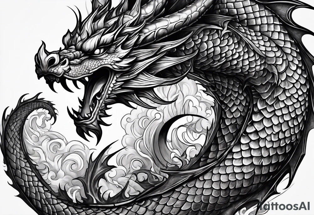 An ornate dragon breathing fire, with intricate scales and a fierce expression, symbolizing power and protection.” tattoo idea