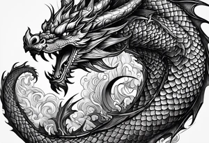 An ornate dragon breathing fire, with intricate scales and a fierce expression, symbolizing power and protection.” tattoo idea
