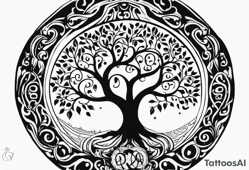 Circular tree of life, with "D3" in the branches, and, "S" and "J" in the roots tattoo idea