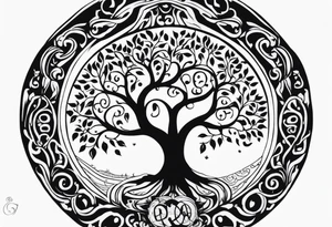 Circular tree of life, with "D3" in the branches, and, "S" and "J" in the roots tattoo idea