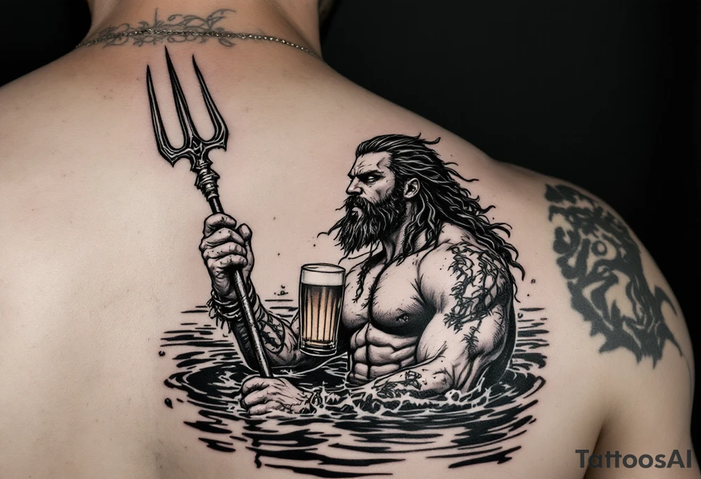 young, fit poseidon in calm water, holding a trident, drinking a beer, with a barefoot tattoo on his bicep tattoo idea