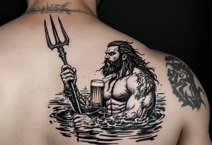 young, fit poseidon in calm water, holding a trident, drinking a beer, with a barefoot tattoo on his bicep tattoo idea