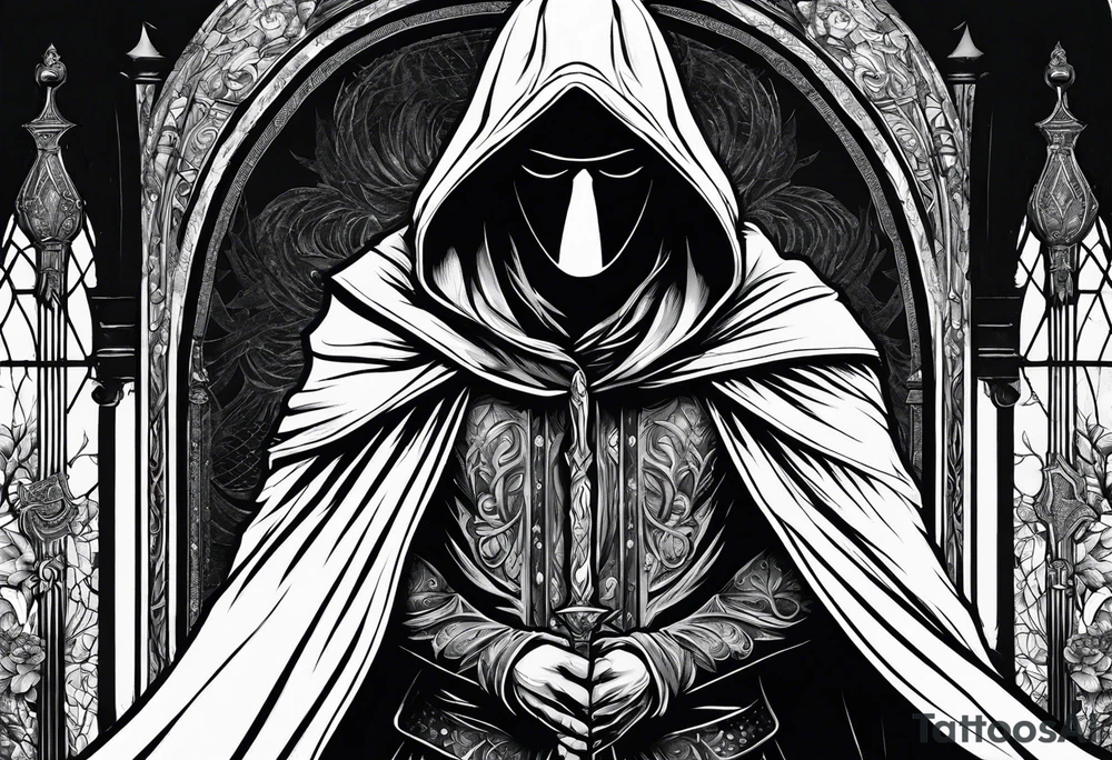 Hooded figure with no face carrying wooden staff with gem on top and wearing a long tattered cloak tattoo idea
