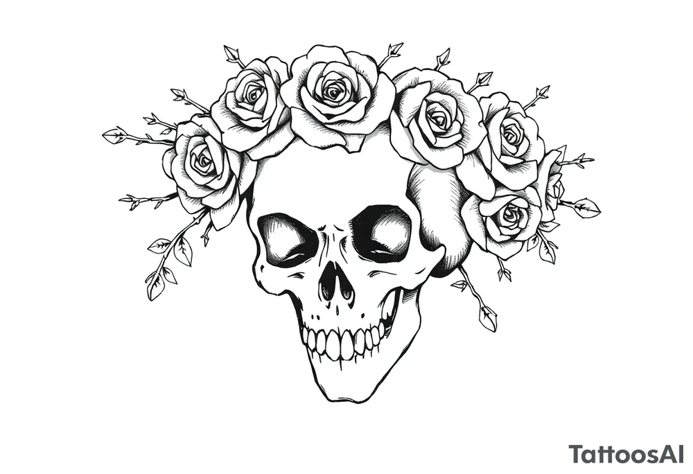 ornate skull adorned with crown of wild roses and thorns tattoo idea