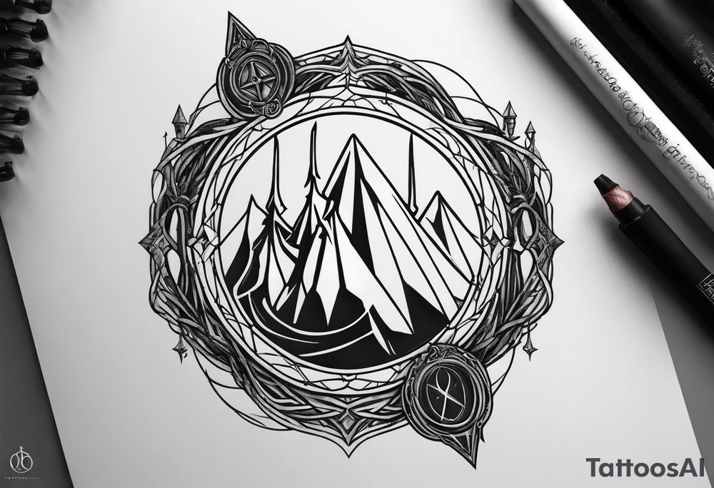Lord of the rings with Harry Potter incorporated but clear visual of both movies. Small and minimal. Something like the deathly hallows symbol made out of swords and wizard staff from LOTR tattoo idea