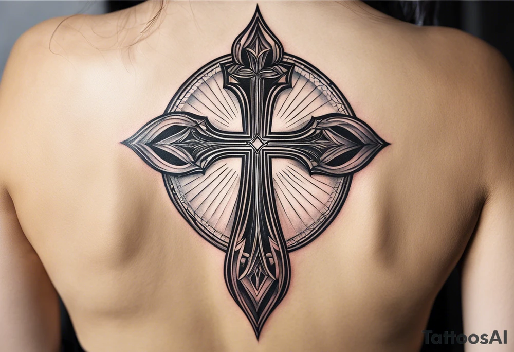 Surrealistic Tattoo: A refined cross with a soft halo on top of it, symbolizing light and spirituality. Delicate rays extend outward from the halo, adding a subtle glow and depth. The cross itself is simple and elegant, with potential for small, intricate line details within the design. Style: Surrealism tattoo idea