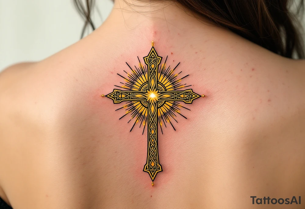 A golden Celtic cross with a radiant sunburst behind it, symbolizing enlightenment and spiritual awakening. tattoo idea