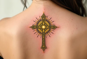 A golden Celtic cross with a radiant sunburst behind it, symbolizing enlightenment and spiritual awakening. tattoo idea