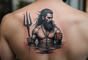 young, fit poseidon in calm water, holding a trident, holding a beer, looking at the horizon tattoo idea