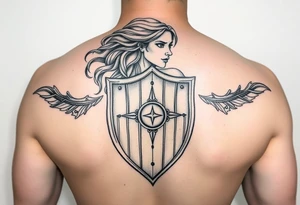 Shield maiden, black work, intricate lines, realistic tattoo idea