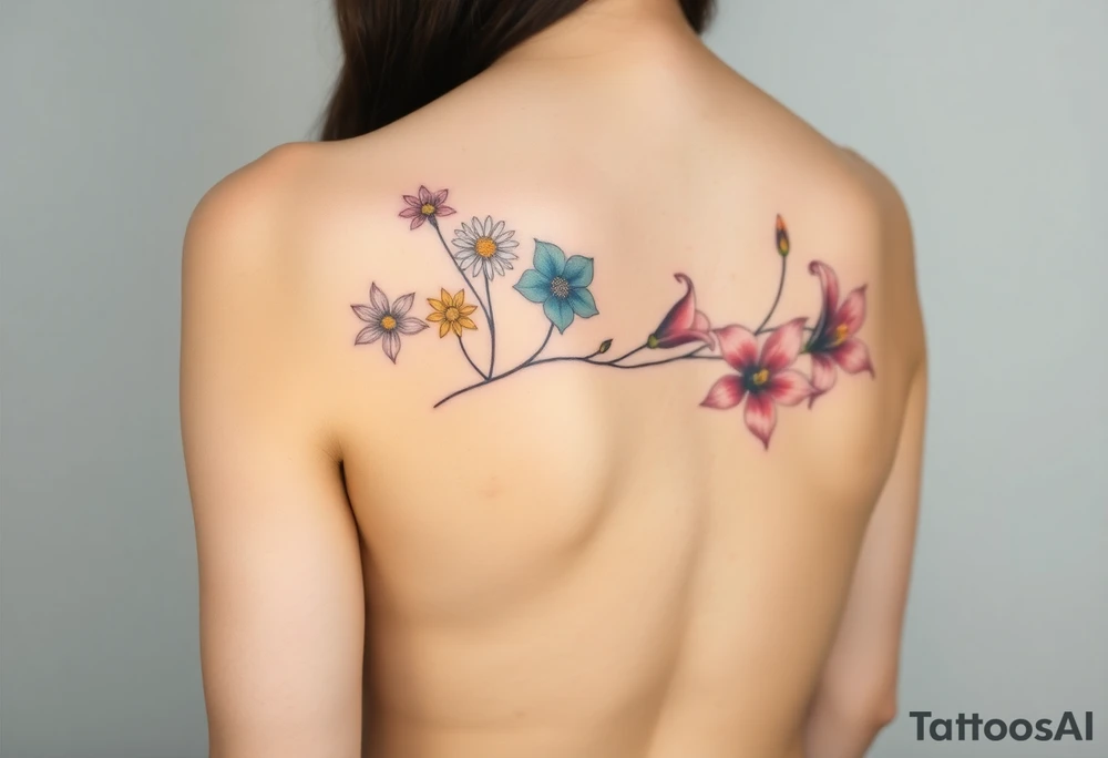 This tattoo is on a woman. It is a line of flowers connected by a single stem. It starts on her left side of the chest with a Glaiolus and Daisy together, then the tatoo rises over the left shoulder and down the arm and ends at the elbow. The tattoo will include a primrose, Calla Lily, and a Lilly. It will be light on color except in the petals and has light shading to make it pop. tattoo idea
