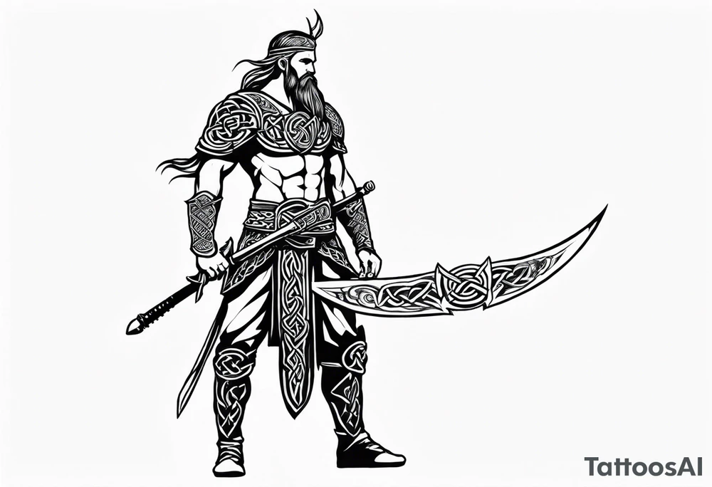 Full body side profile of Celtic warrior with weapons drawn tattoo idea