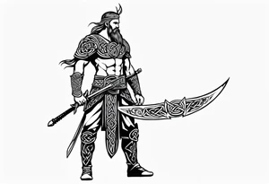 Full body side profile of Celtic warrior with weapons drawn tattoo idea