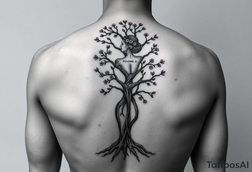 back tattoo with proverbs 31 with tree of life woman tattoo woman’s body as the trunk with no head  with roots and branches from neck with  small flowers from a few branches tattoo idea